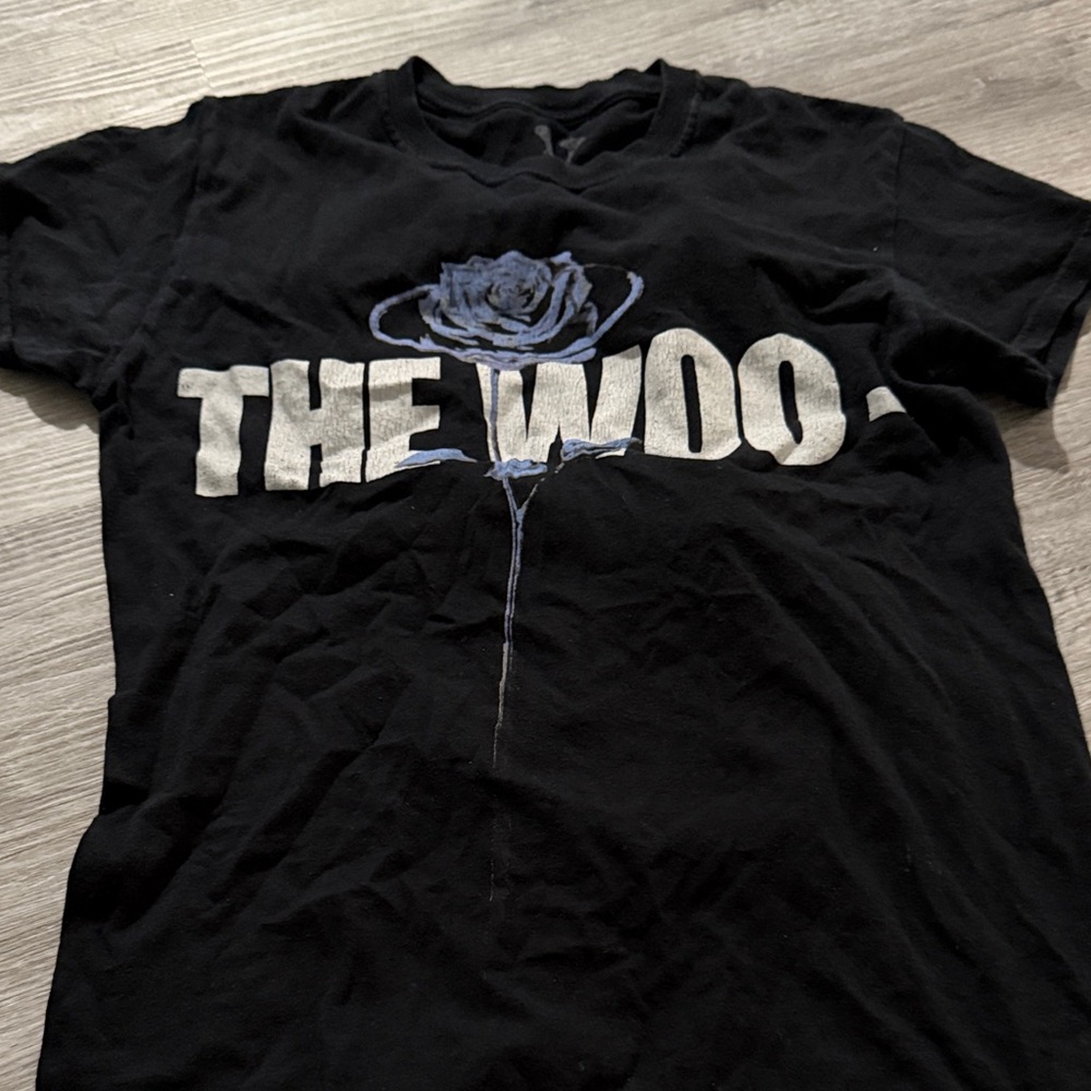 VLONE Black Tee with Blue Rose and White Text